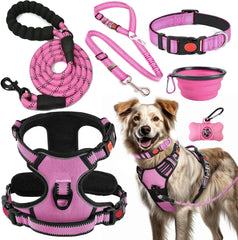 No Pull Dog Harness, Collar & Leash Set | Includes Dog Seat Belt, Collapsible Bowls & Poop Bag Dispenser. Ideal for Training,