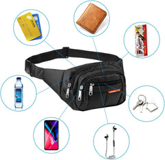 Sports Waist Packs Fanny Bag, Multiple Functions Hip Bum Chest Belly Back Bags with Adjustable Belt Strap for Men, Women Fit for Outdoor Events like Hiking, Cycling, Running (Black)