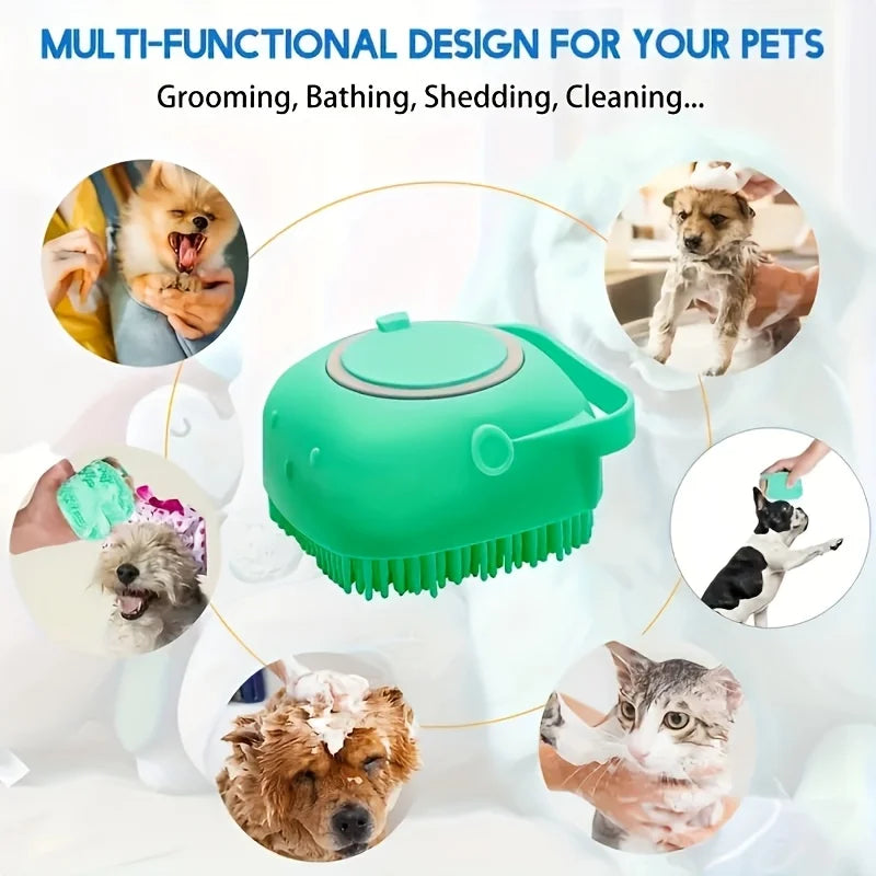Pet Bath Brush with Soap and Shampoo Dispenser Soft Silicone Bristles Bath Brush Suitable for All Dogs Cats Shower