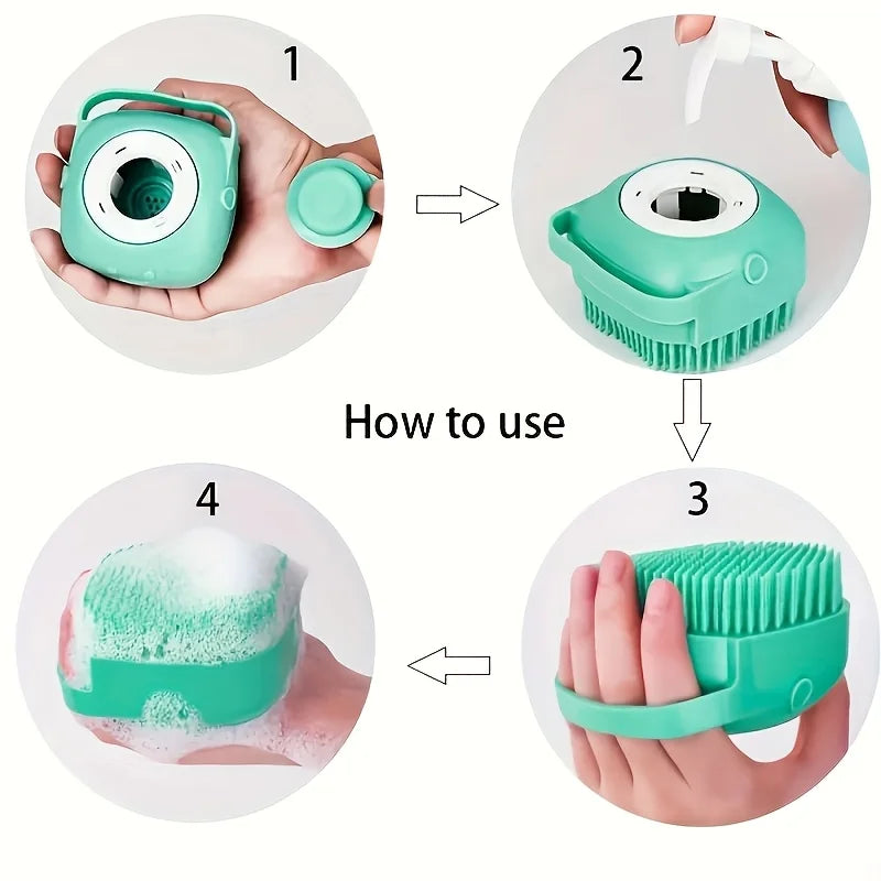 Pet Bath Brush with Soap and Shampoo Dispenser Soft Silicone Bristles Bath Brush Suitable for All Dogs Cats Shower
