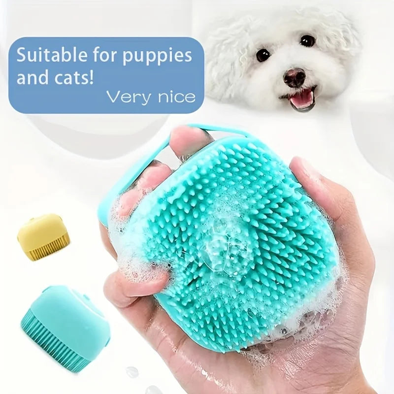 Pet Bath Brush with Soap and Shampoo Dispenser Soft Silicone Bristles Bath Brush Suitable for All Dogs Cats Shower